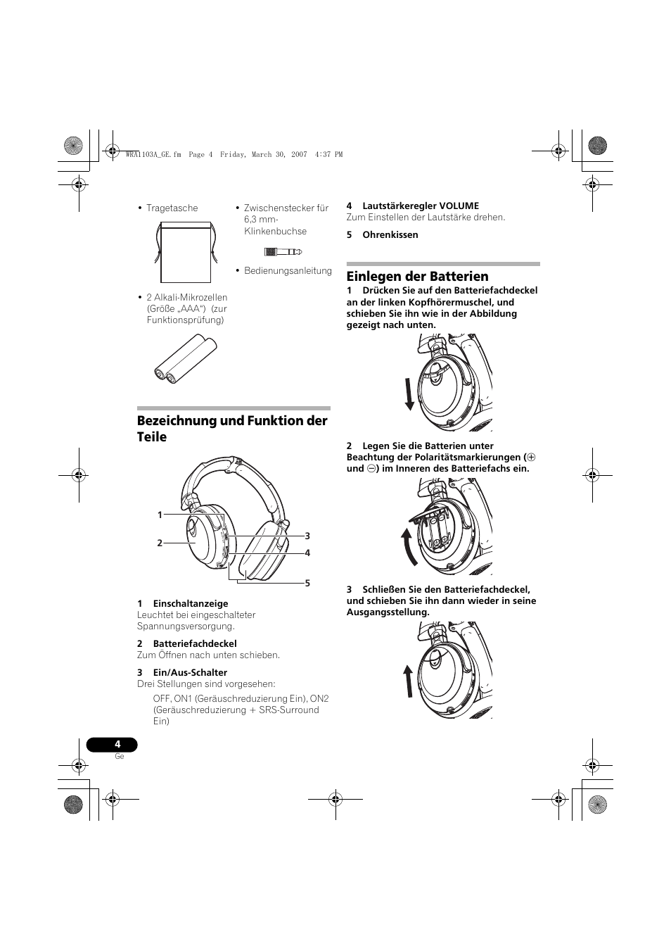Bezeichnung und funktion der teile, Einlegen der batterien | Pioneer SE-MJ7NC User Manual | Page 20 / 132