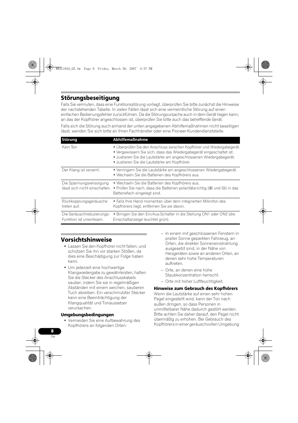 Störungsbeseitigung, Vorsichtshinweise | Pioneer SE-MJ7NC User Manual | Page 24 / 132