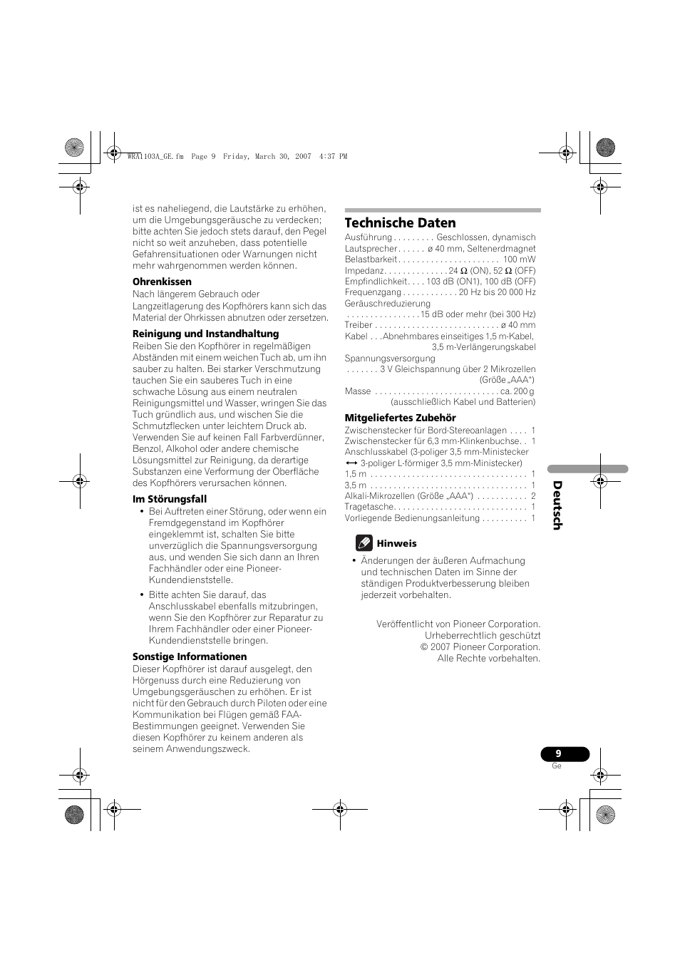 Technische daten | Pioneer SE-MJ7NC User Manual | Page 25 / 132