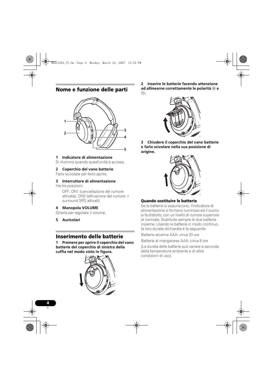Nome e funzione delle parti, Inserimento delle batterie | Pioneer SE-MJ7NC User Manual | Page 28 / 132