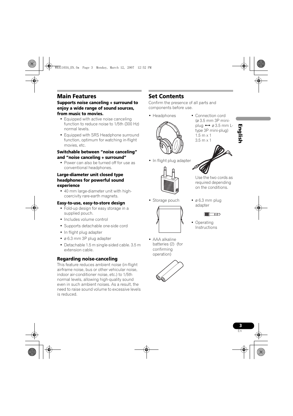 Main features, Set contents | Pioneer SE-MJ7NC User Manual | Page 3 / 132