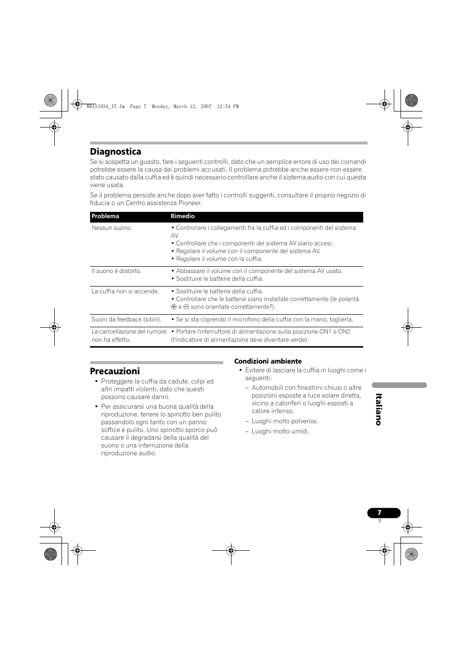 Diagnostica, Precauzioni | Pioneer SE-MJ7NC User Manual | Page 31 / 132