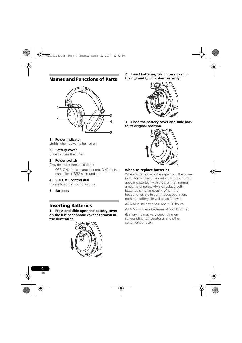 Names and functions of parts, Inserting batteries | Pioneer SE-MJ7NC User Manual | Page 4 / 132