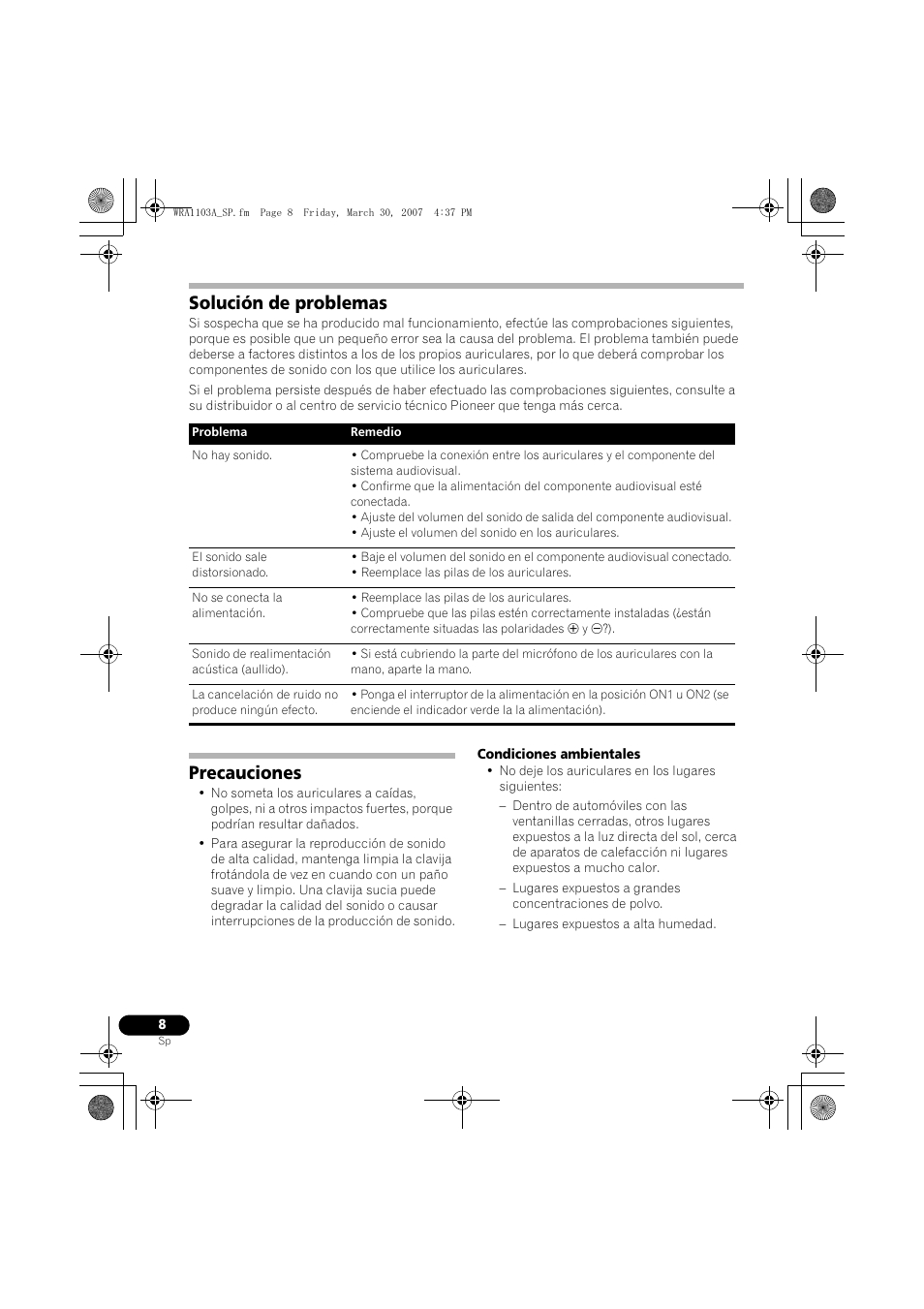 Solución de problemas, Precauciones | Pioneer SE-MJ7NC User Manual | Page 40 / 132