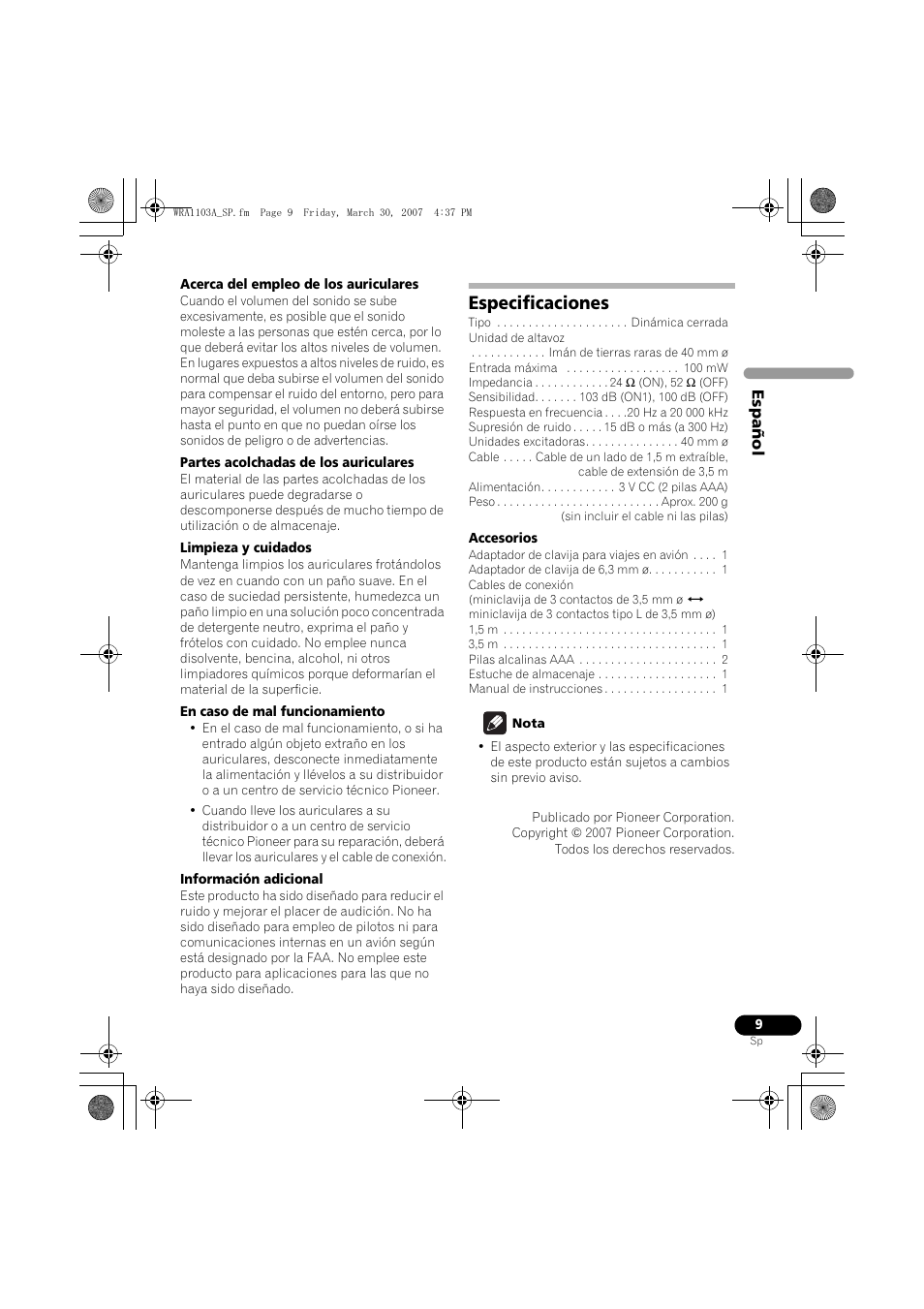 Especificaciones | Pioneer SE-MJ7NC User Manual | Page 41 / 132