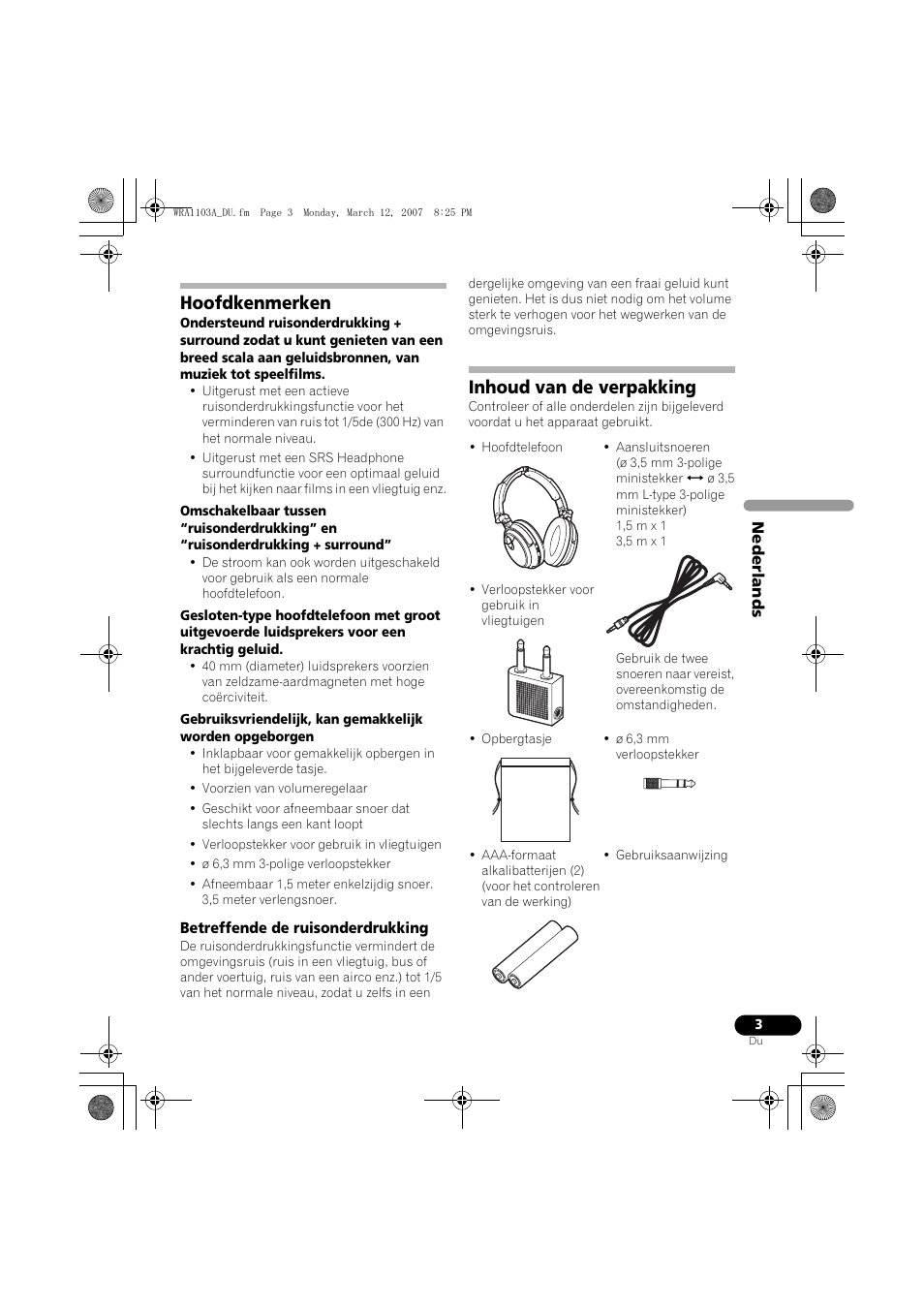 Hoofdkenmerken, Inhoud van de verpakking | Pioneer SE-MJ7NC User Manual | Page 43 / 132