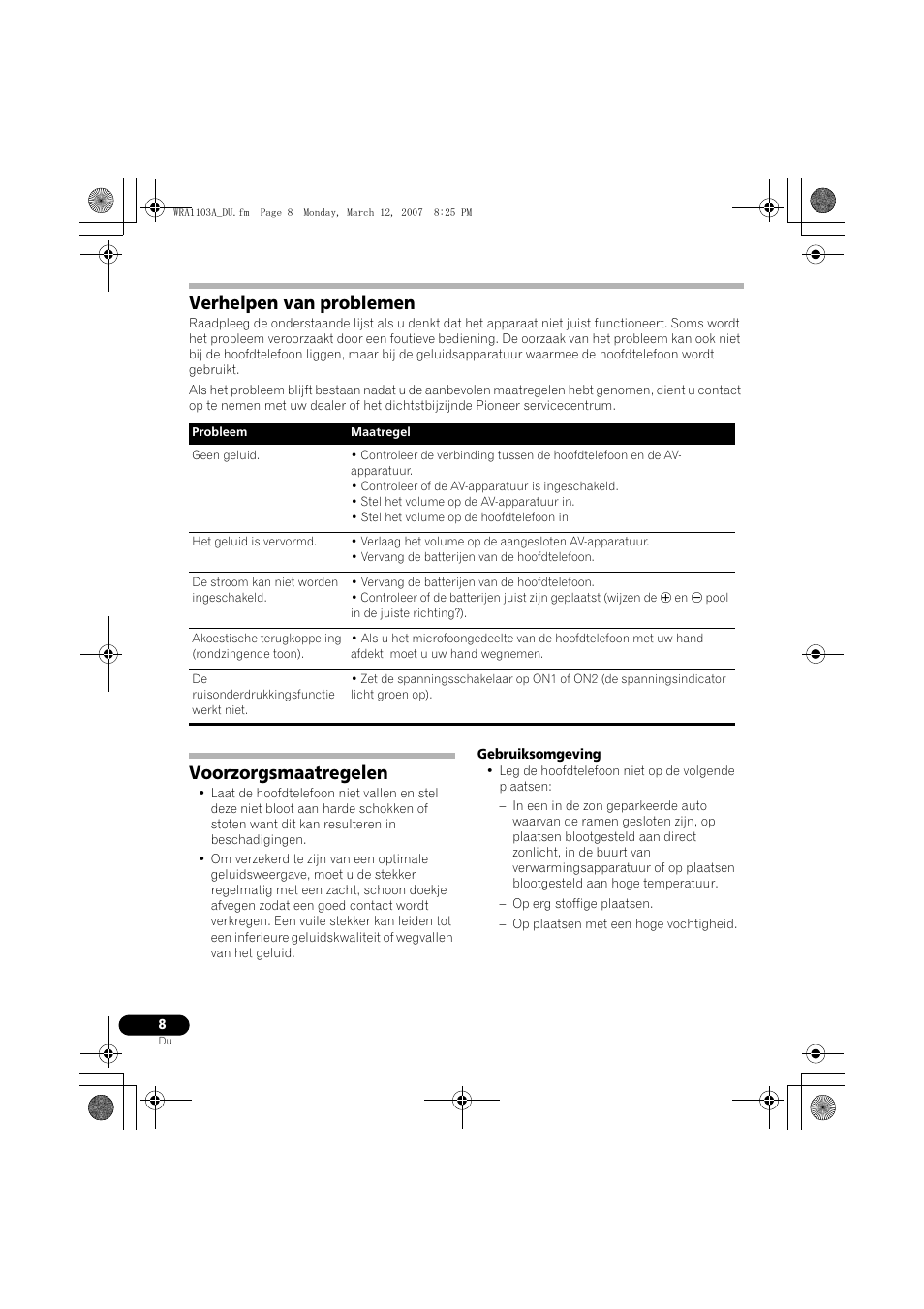 Verhelpen van problemen, Voorzorgsmaatregelen | Pioneer SE-MJ7NC User Manual | Page 48 / 132