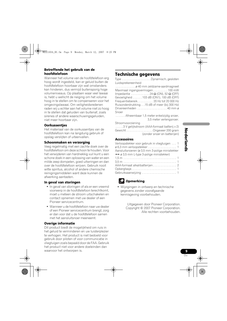 Technische gegevens | Pioneer SE-MJ7NC User Manual | Page 49 / 132