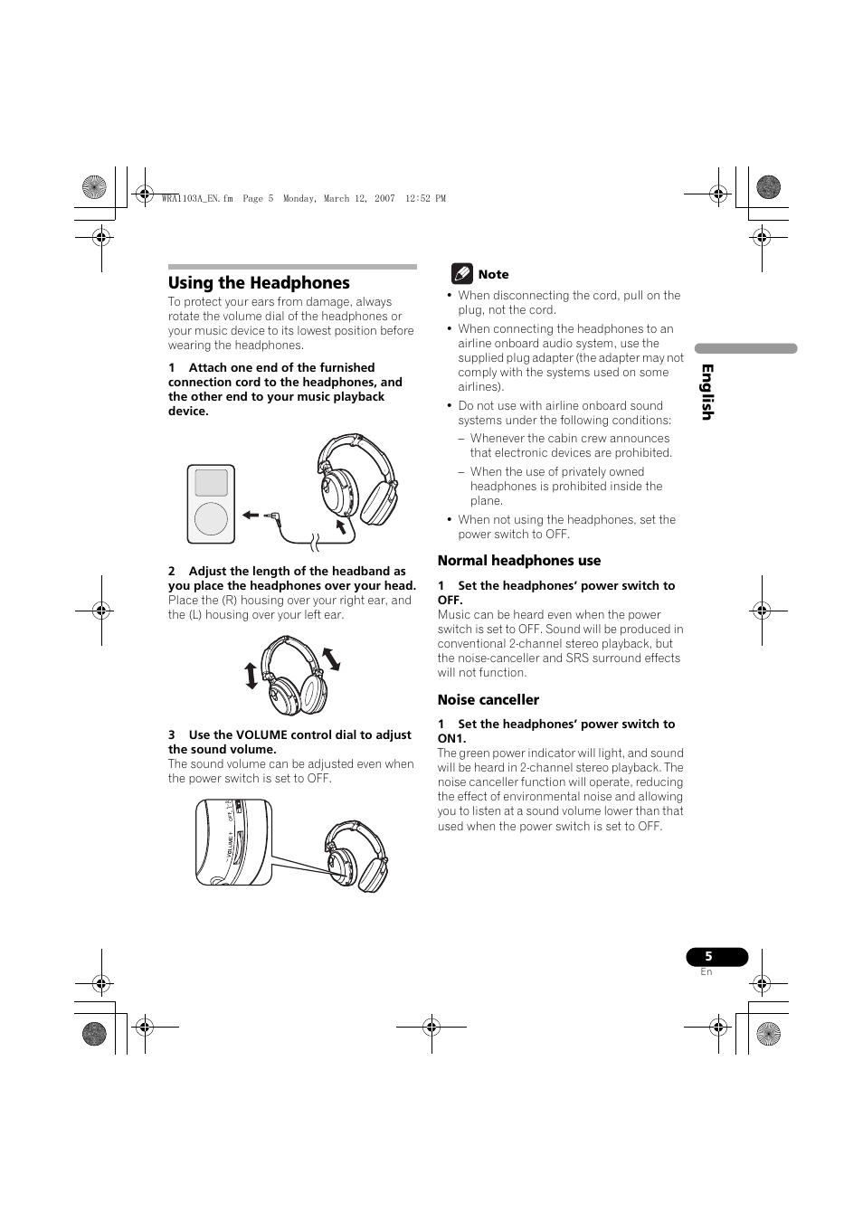 Using the headphones | Pioneer SE-MJ7NC User Manual | Page 5 / 132