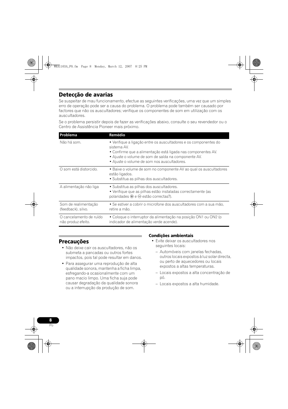 Detecção de avarias, Precauções | Pioneer SE-MJ7NC User Manual | Page 56 / 132