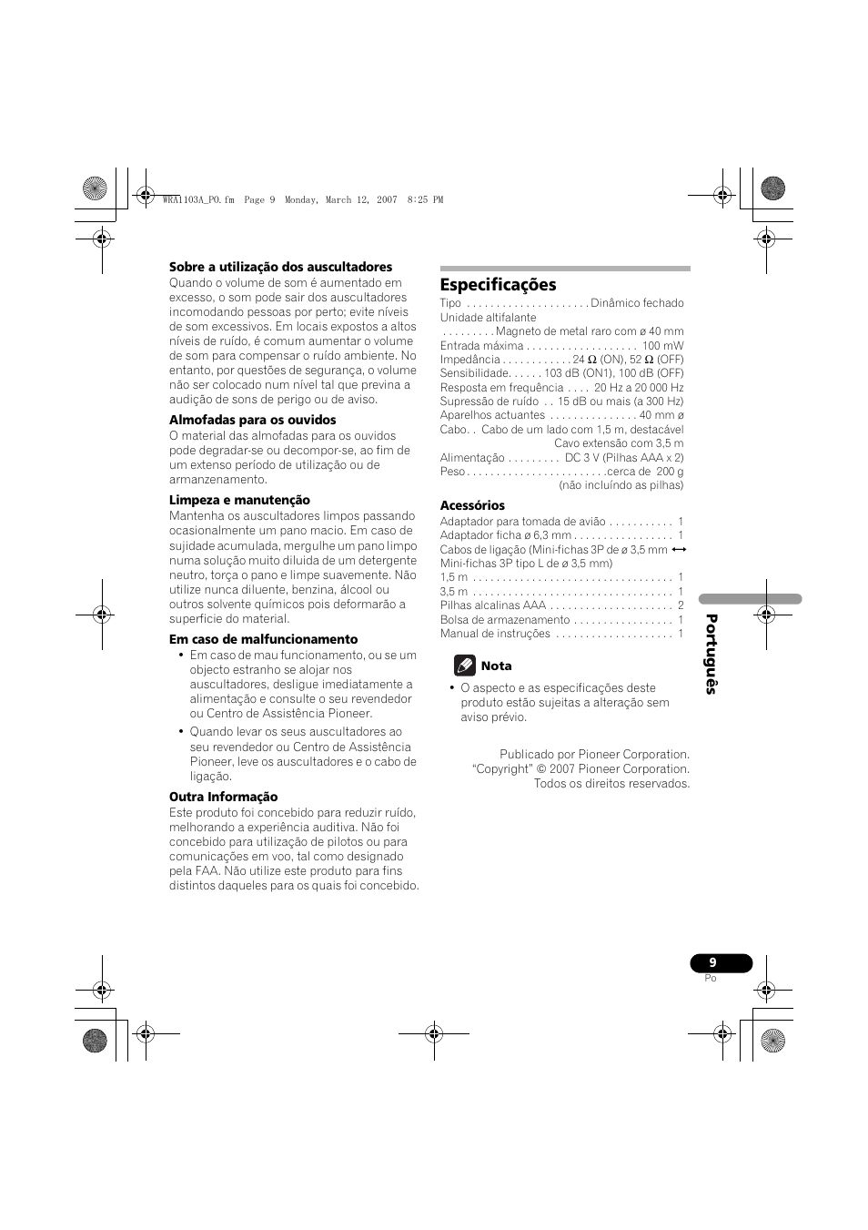 Especificações | Pioneer SE-MJ7NC User Manual | Page 57 / 132