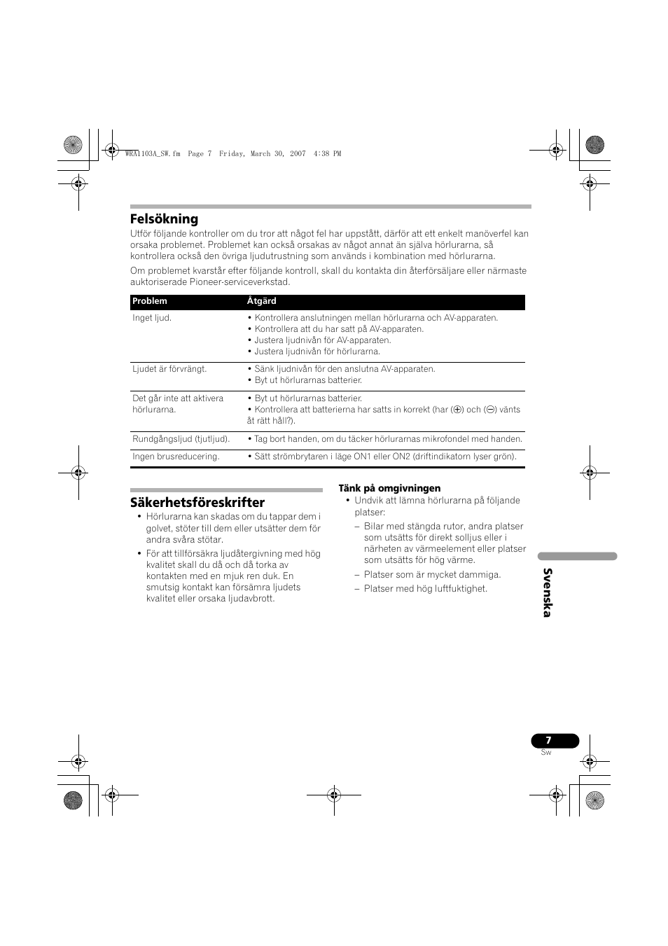 Felsökning, Säkerhetsföreskrifter | Pioneer SE-MJ7NC User Manual | Page 63 / 132