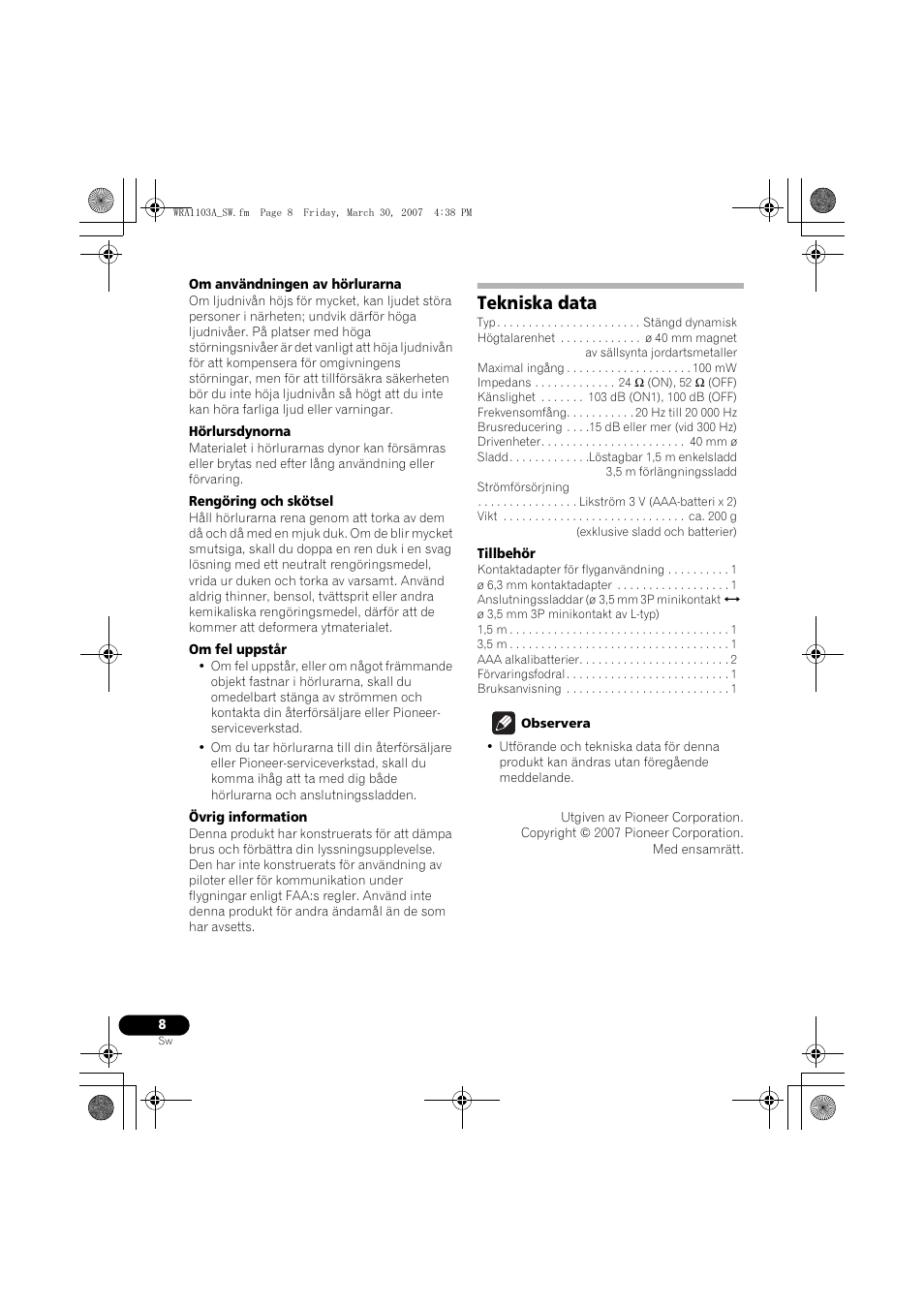 Tekniska data | Pioneer SE-MJ7NC User Manual | Page 64 / 132