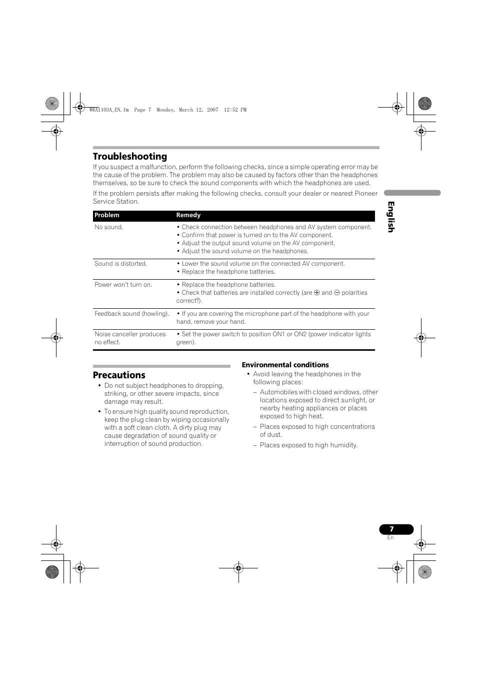 Troubleshooting, Precautions | Pioneer SE-MJ7NC User Manual | Page 7 / 132