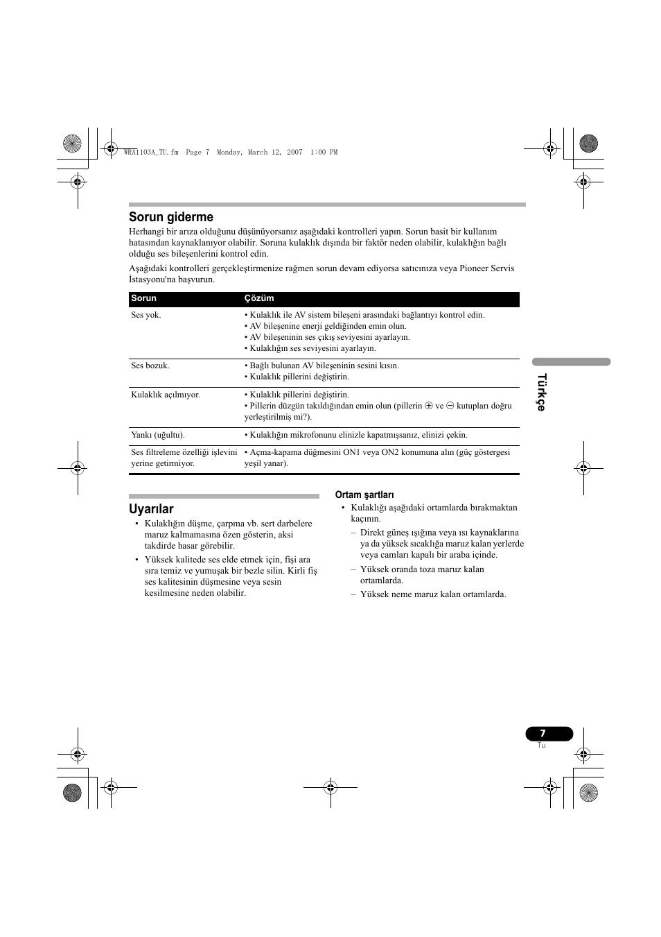 Sorun giderme, Uyarılar | Pioneer SE-MJ7NC User Manual | Page 79 / 132