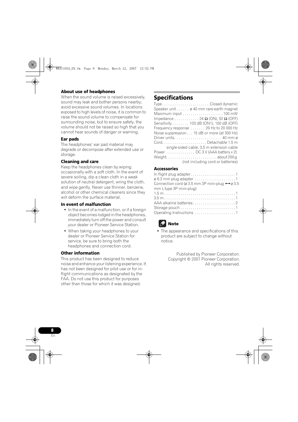 Specifications | Pioneer SE-MJ7NC User Manual | Page 8 / 132