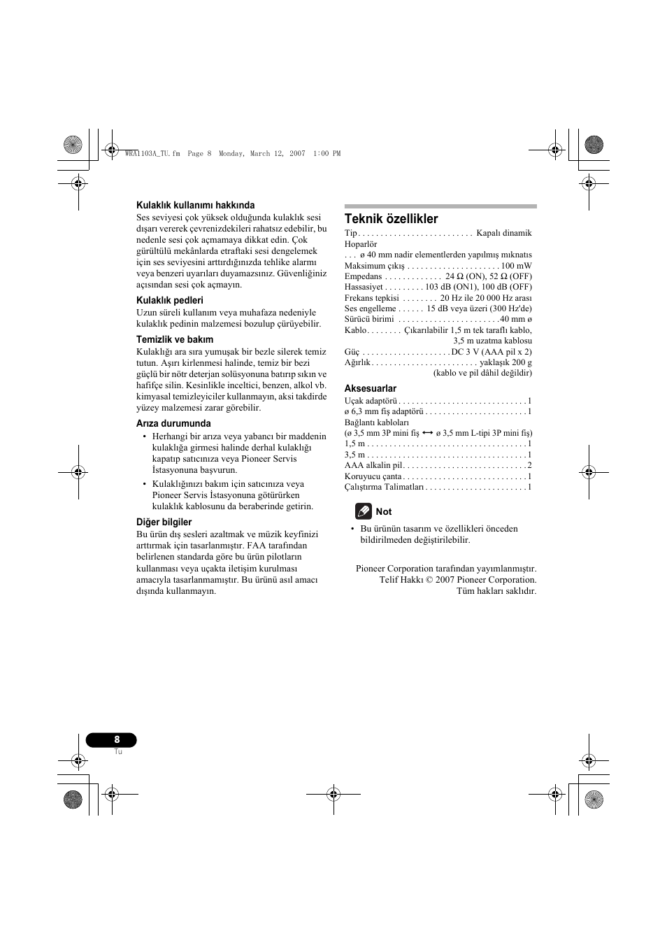 Teknik özellikler | Pioneer SE-MJ7NC User Manual | Page 80 / 132