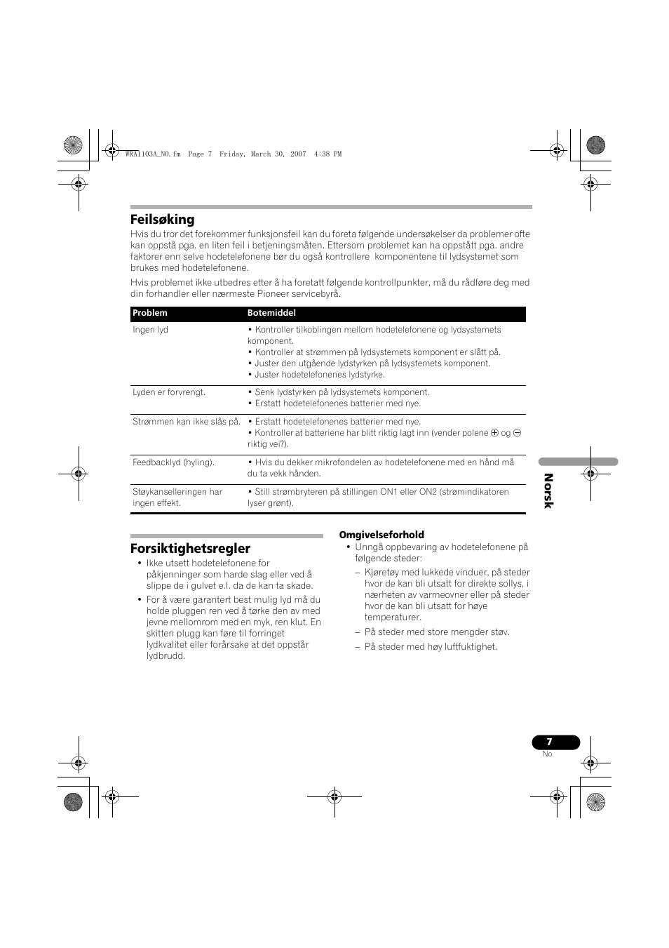 Feilsøking, Forsiktighetsregler | Pioneer SE-MJ7NC User Manual | Page 87 / 132