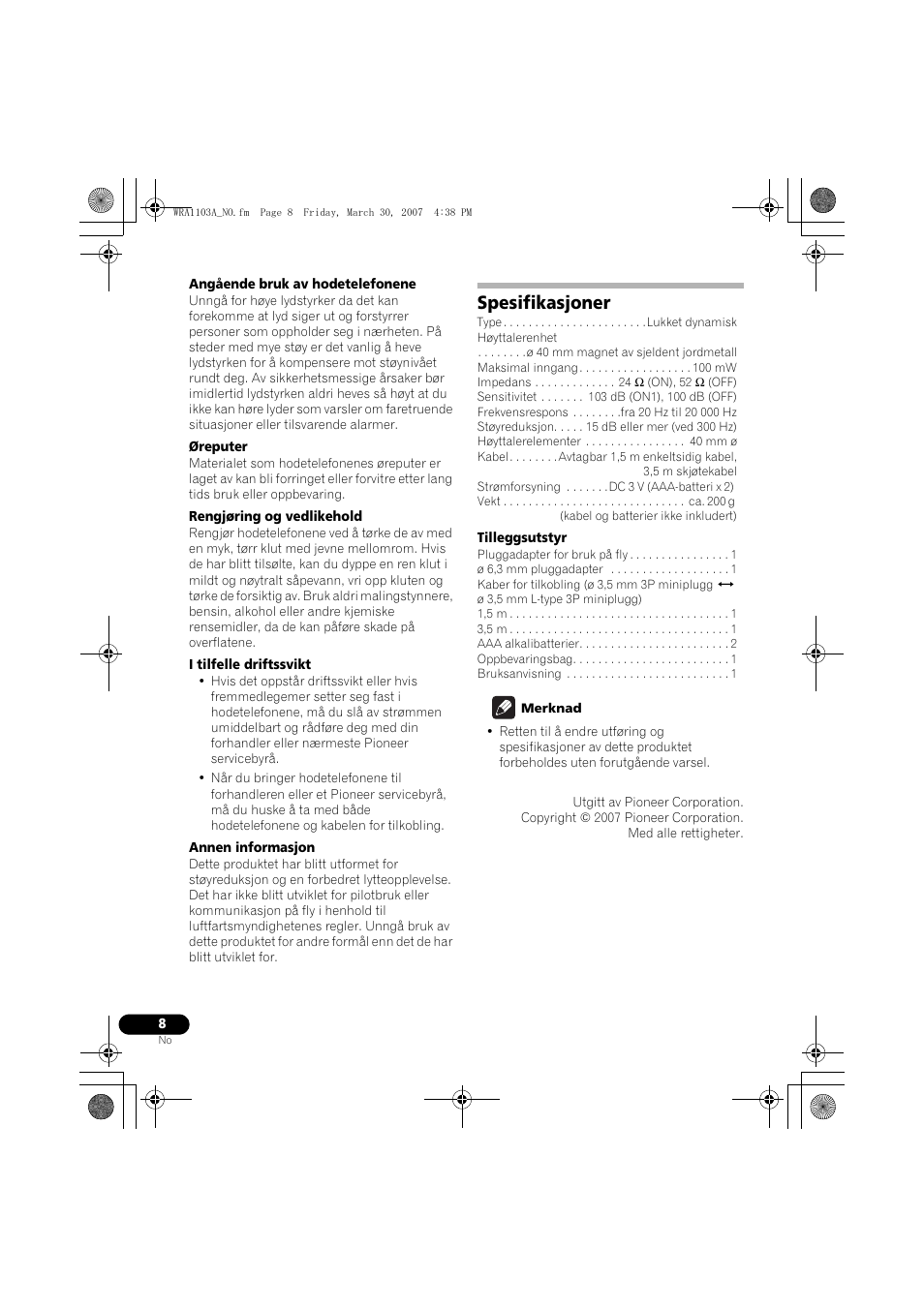 Spesifikasjoner | Pioneer SE-MJ7NC User Manual | Page 88 / 132