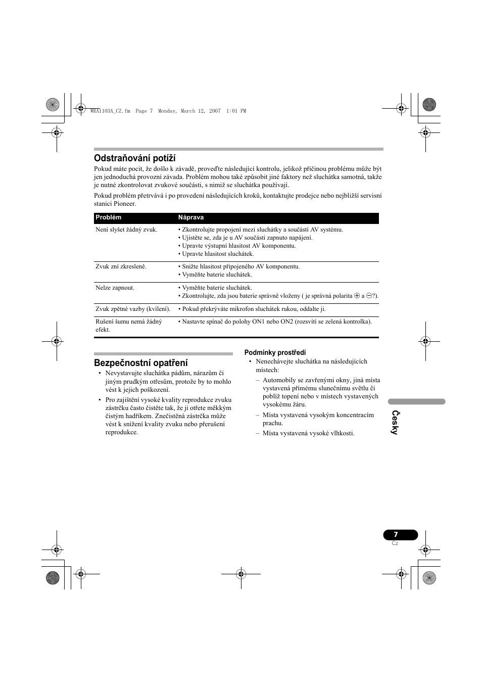 Odstraňování potíží, Bezpečnostní opatření | Pioneer SE-MJ7NC User Manual | Page 95 / 132