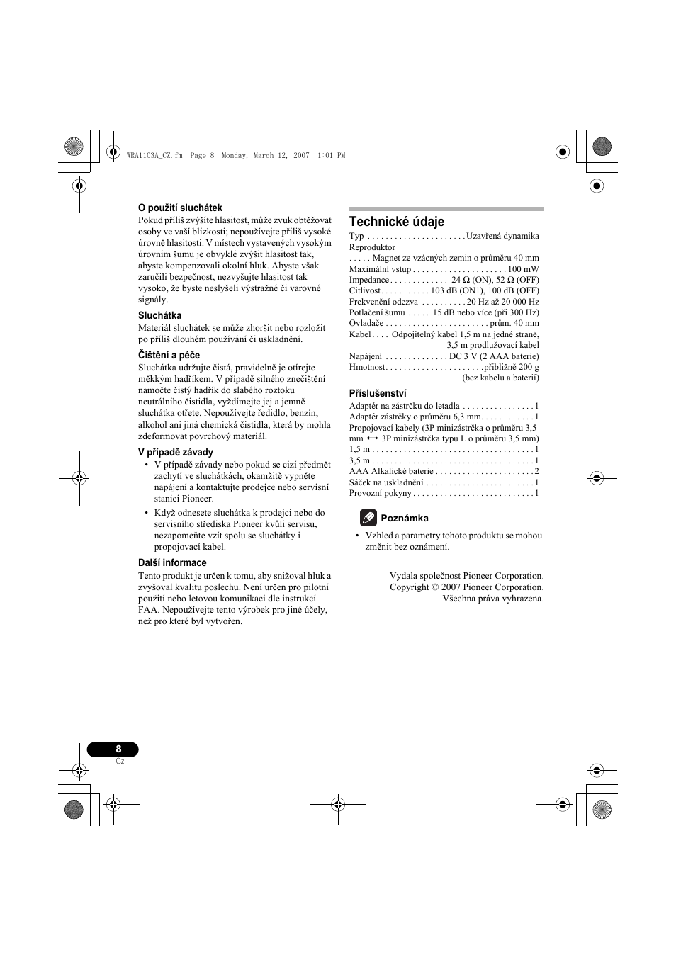 Technické údaje | Pioneer SE-MJ7NC User Manual | Page 96 / 132