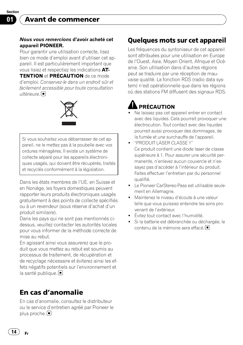 En cas d ’anomalie, Quelques mots sur cet appareil, Avant de commencer | Pioneer DEH-1200MP User Manual | Page 14 / 94