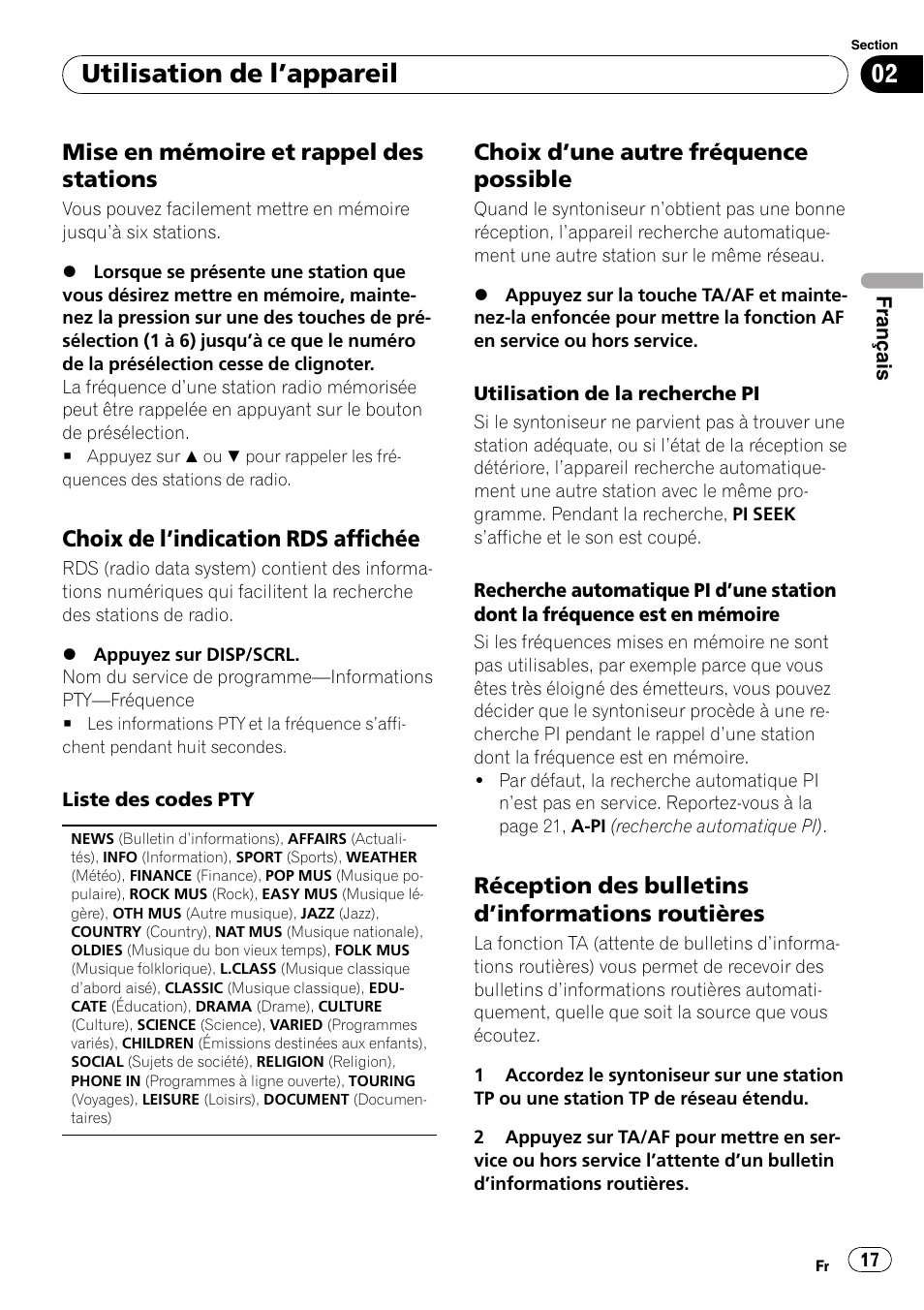 Utilisation de l ’appareil, Mise en mémoire et rappel des stations, Choix de l ’indication rds affichée | Choix d ’une autre fréquence possible, Réception des bulletins d ’informations routières | Pioneer DEH-1200MP User Manual | Page 17 / 94