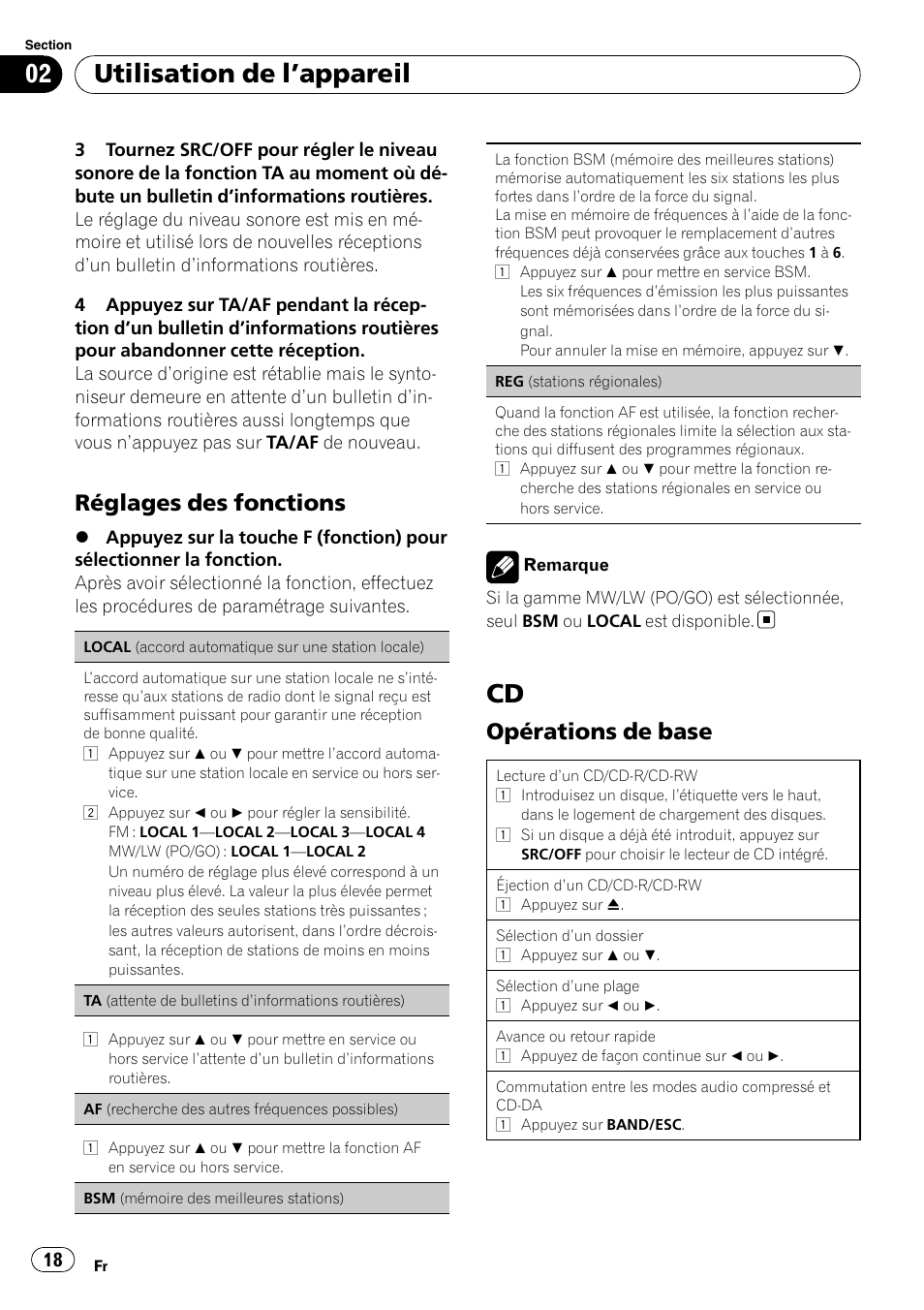 Utilisation de l ’appareil, Réglages des fonctions, Opérations de base | Pioneer DEH-1200MP User Manual | Page 18 / 94