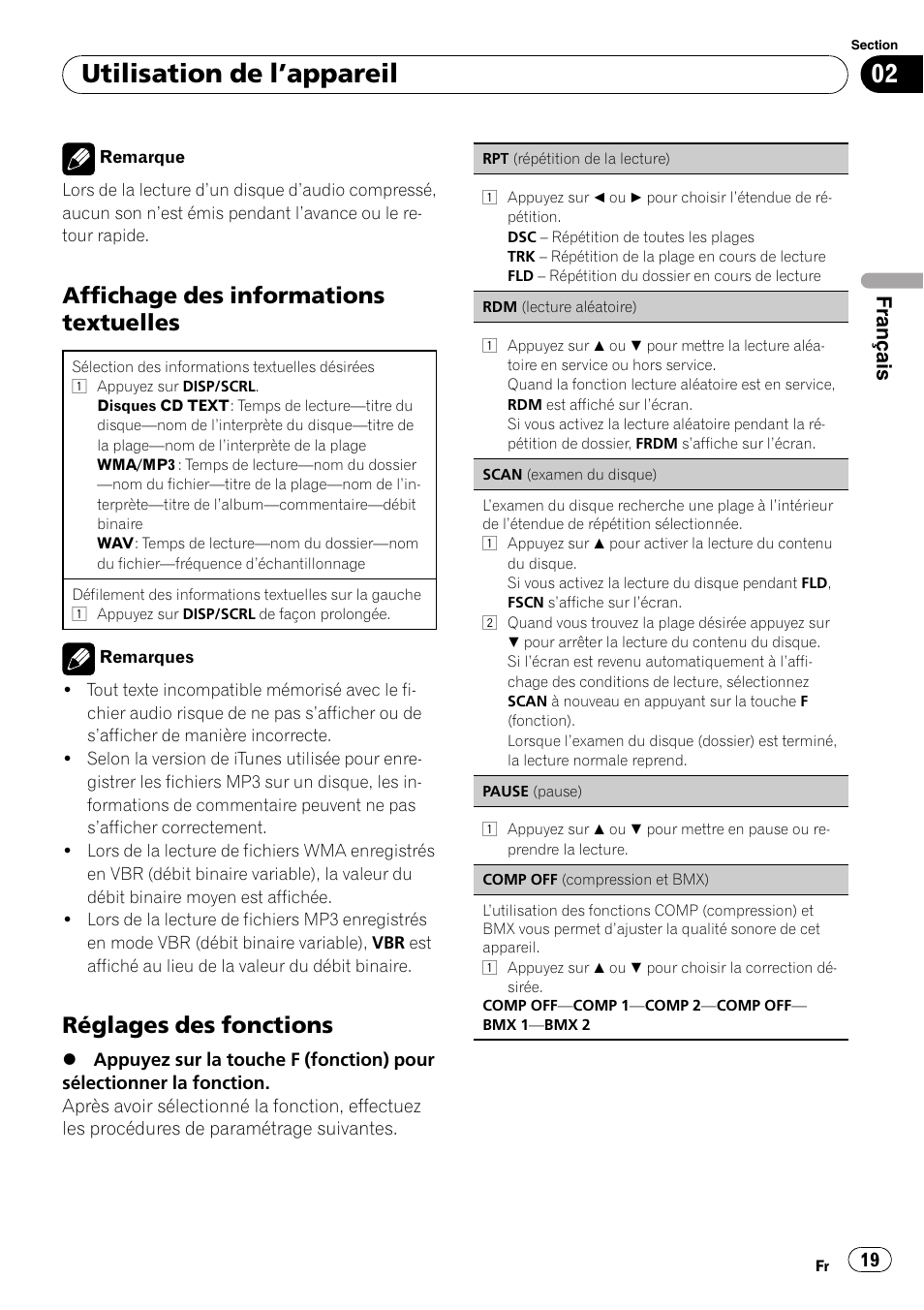 Utilisation de l ’appareil, Affichage des informations textuelles, Réglages des fonctions | Français | Pioneer DEH-1200MP User Manual | Page 19 / 94