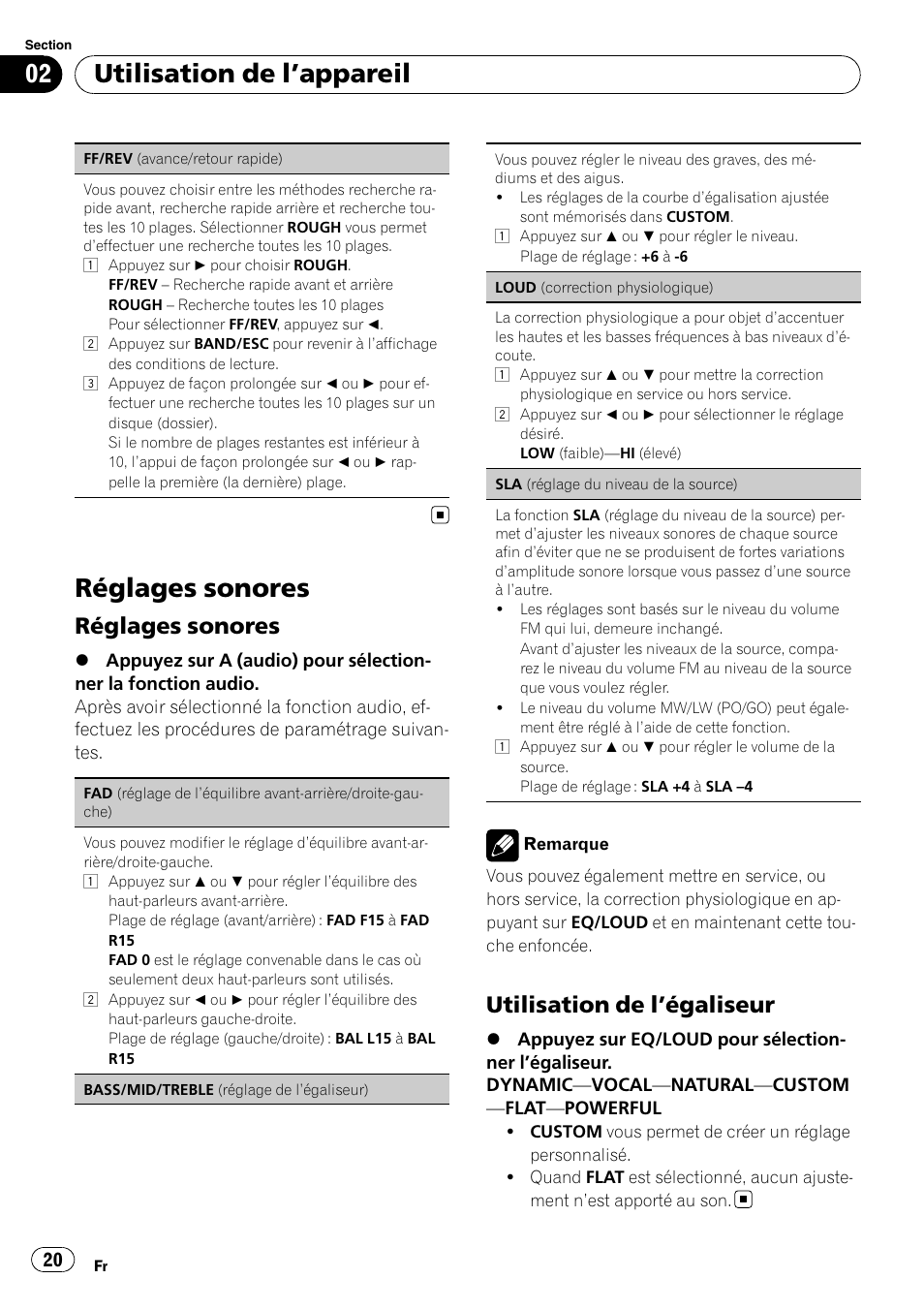 Réglages sonores, Utilisation de l ’appareil, Utilisation de l ’égaliseur | Pioneer DEH-1200MP User Manual | Page 20 / 94