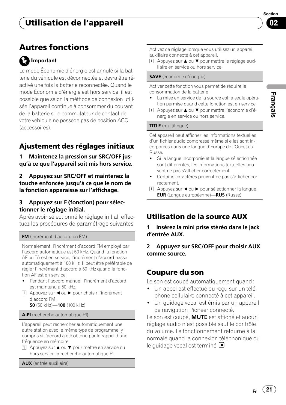 Autres fonctions, Utilisation de l ’appareil, Ajustement des réglages initiaux | Utilisation de la source aux, Coupure du son, Français | Pioneer DEH-1200MP User Manual | Page 21 / 94