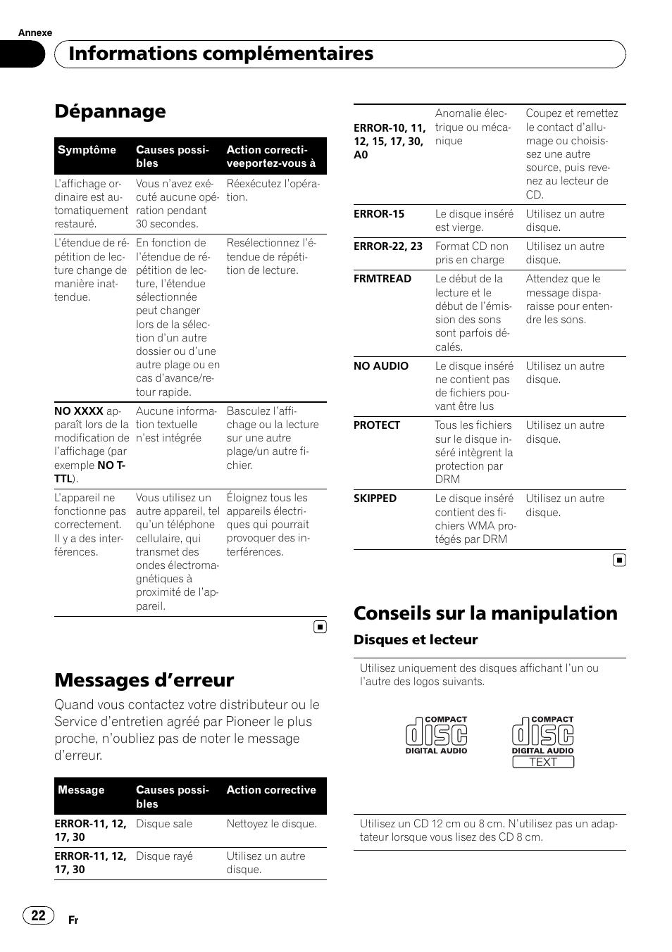 Dépannage, Messages d ’erreur, Conseils sur la manipulation | Informations complémentaires | Pioneer DEH-1200MP User Manual | Page 22 / 94