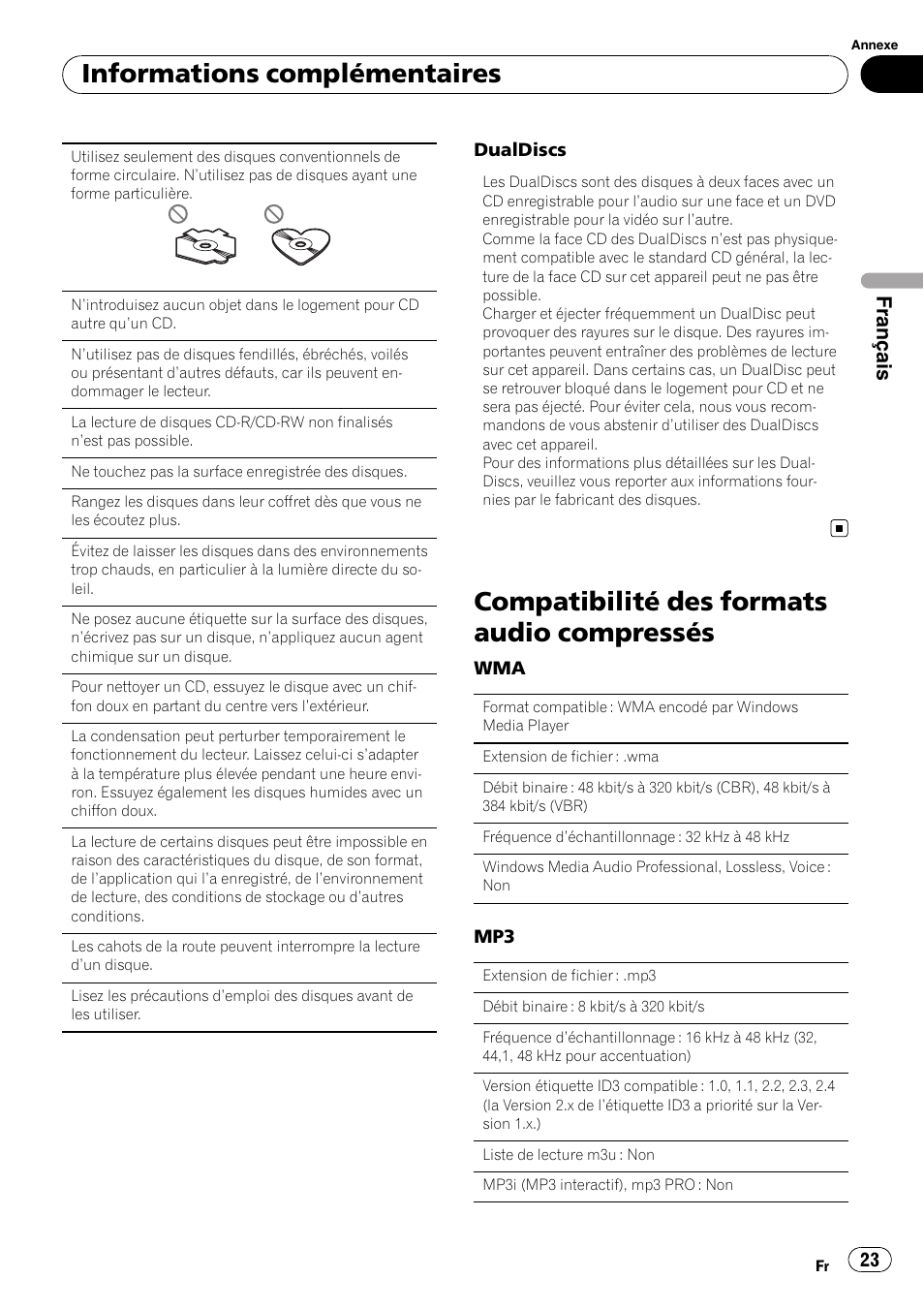 Compatibilité des formats audio compressés, Informations complémentaires, Français | Pioneer DEH-1200MP User Manual | Page 23 / 94