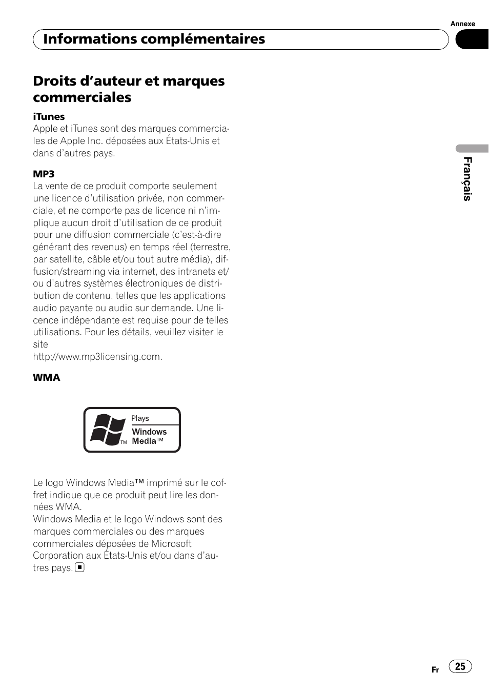 Droits d ’auteur et marques commerciales, Informations complémentaires | Pioneer DEH-1200MP User Manual | Page 25 / 94