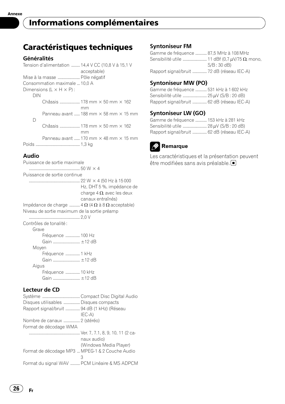 Caractéristiques techniques, Informations complémentaires | Pioneer DEH-1200MP User Manual | Page 26 / 94