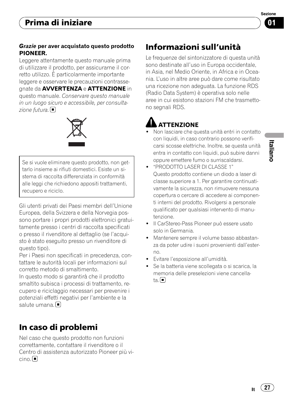 Informazioni sull ’unità, Prima di iniziare | Pioneer DEH-1200MP User Manual | Page 27 / 94