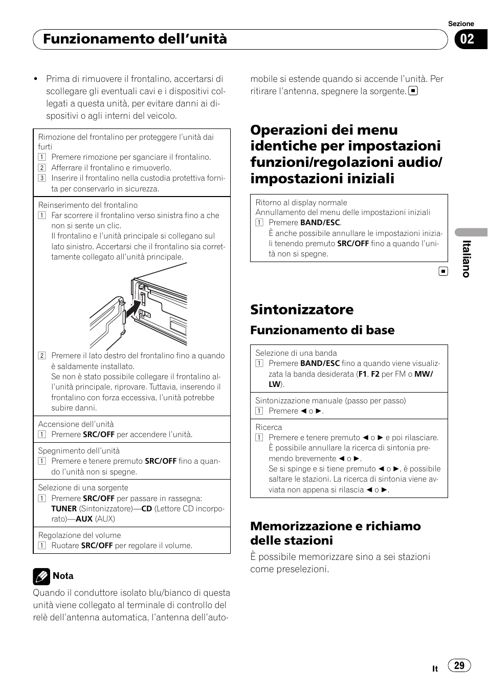 Sintonizzatore, Funzionamento dell ’unità, Funzionamento di base | Italiano | Pioneer DEH-1200MP User Manual | Page 29 / 94