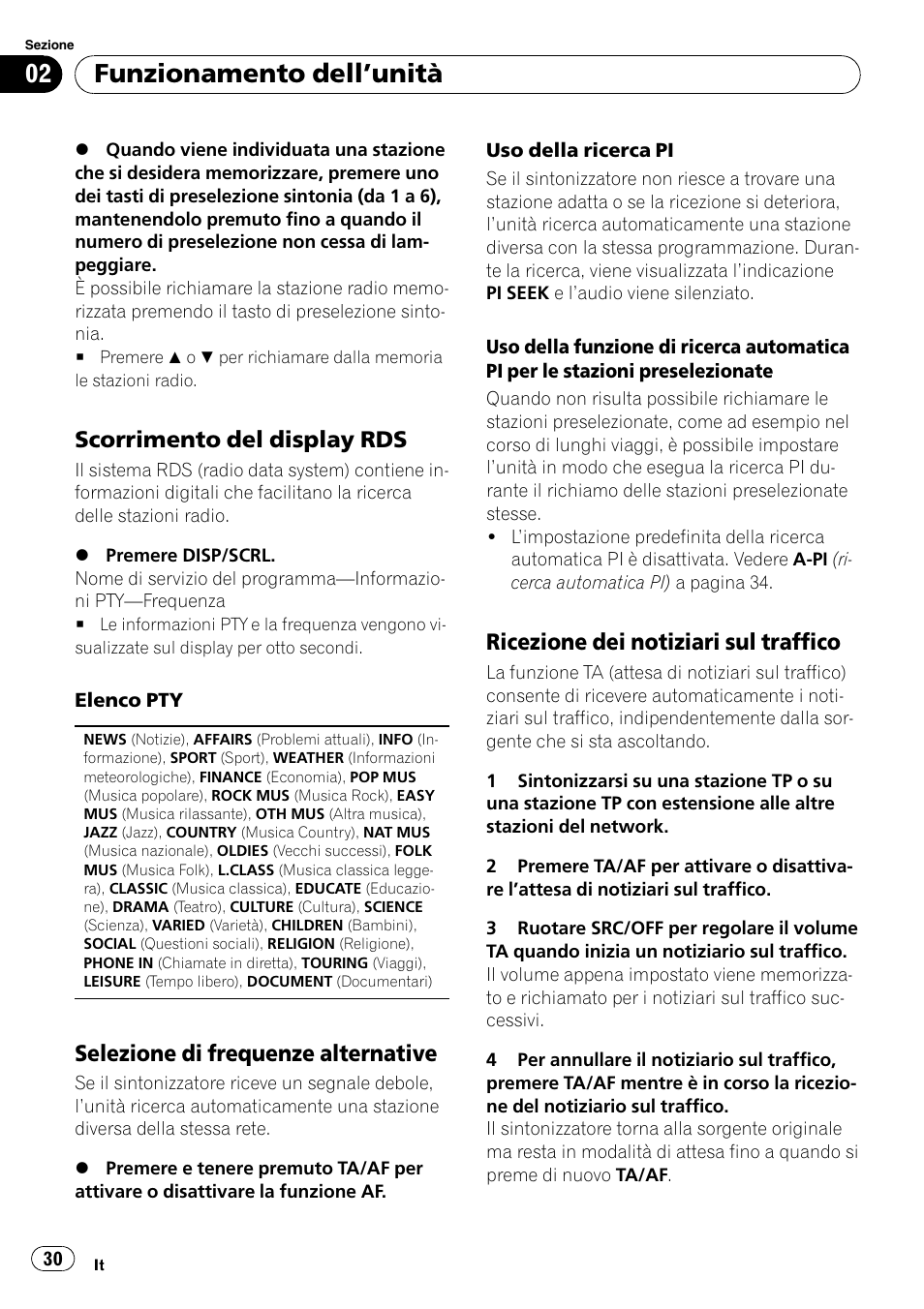 Funzionamento dell ’unità, Scorrimento del display rds, Selezione di frequenze alternative | Ricezione dei notiziari sul traffico | Pioneer DEH-1200MP User Manual | Page 30 / 94