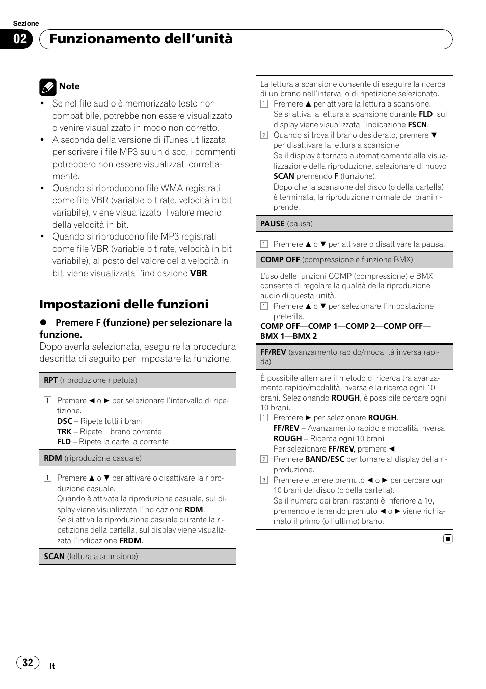 Funzionamento dell ’unità, Impostazioni delle funzioni | Pioneer DEH-1200MP User Manual | Page 32 / 94