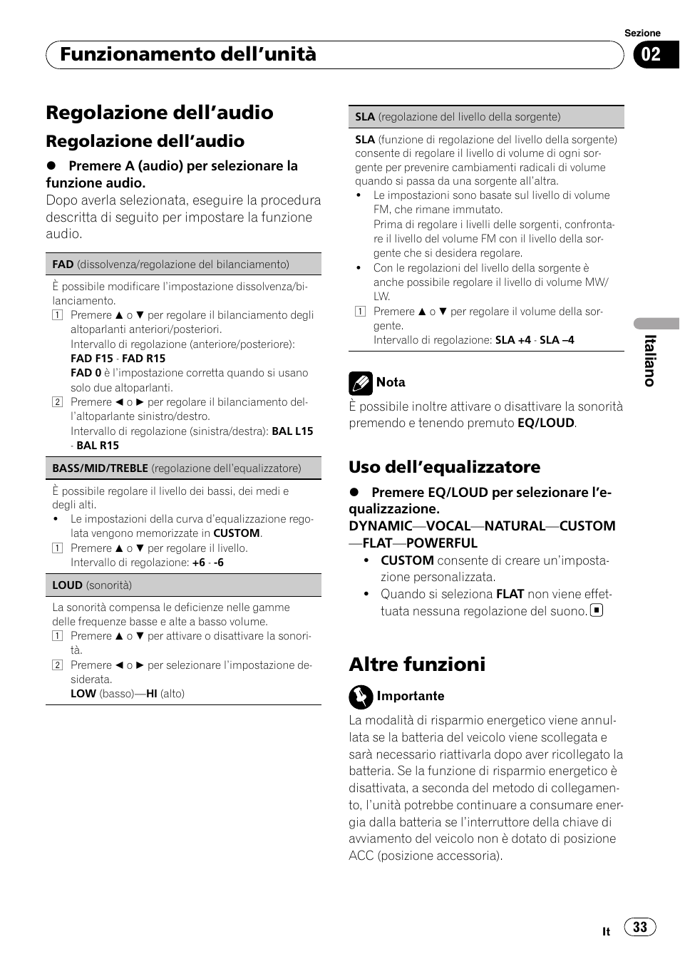 Regolazione dell ’audio, Altre funzioni, Funzionamento dell ’unità | Uso dell ’equalizzatore, Italiano | Pioneer DEH-1200MP User Manual | Page 33 / 94