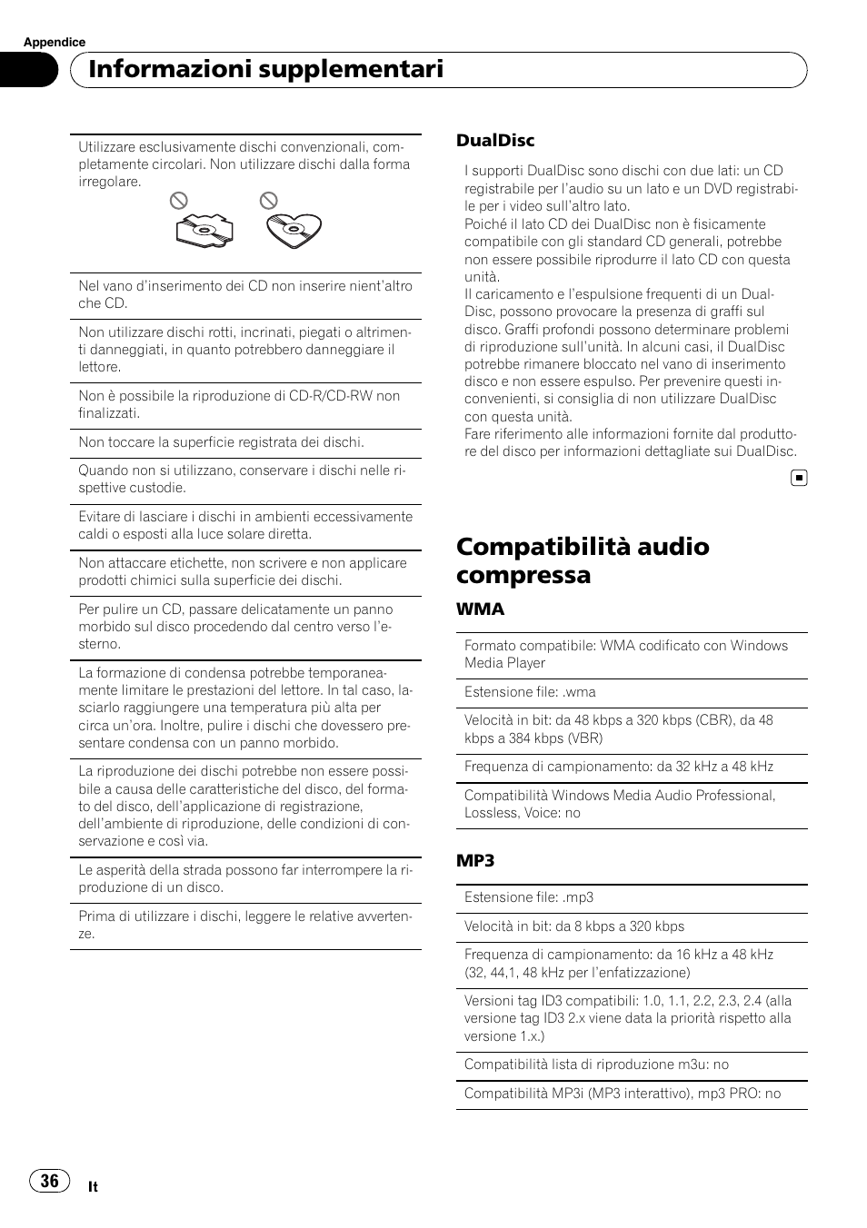 Compatibilità audio compressa, Informazioni supplementari | Pioneer DEH-1200MP User Manual | Page 36 / 94