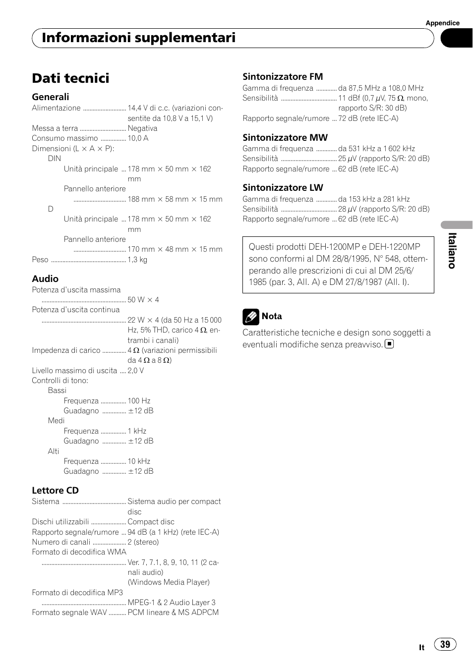Dati tecnici, Informazioni supplementari, Italiano | Pioneer DEH-1200MP User Manual | Page 39 / 94