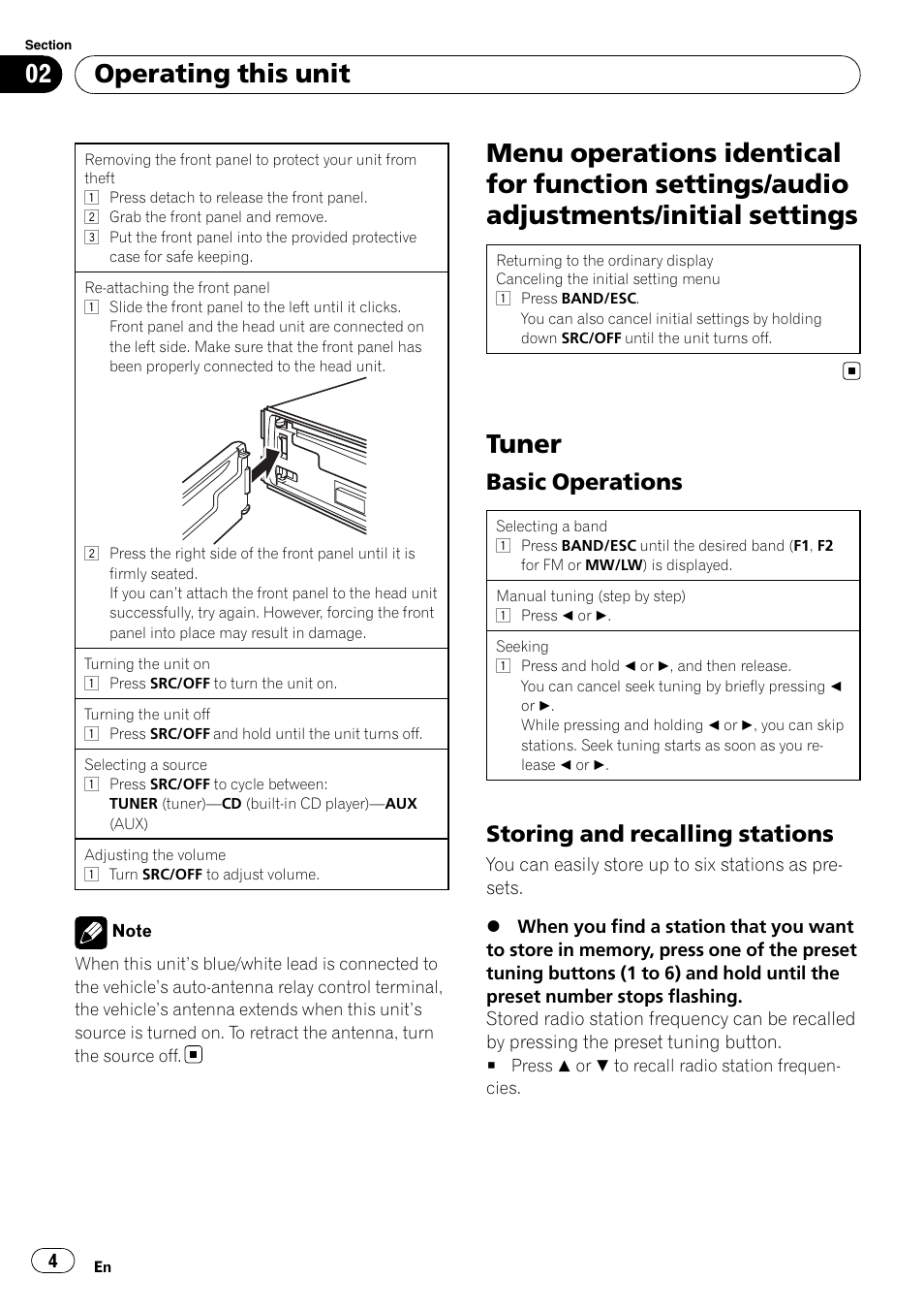 Tuner, Operating this unit, Basic operations | Storing and recalling stations | Pioneer DEH-1200MP User Manual | Page 4 / 94