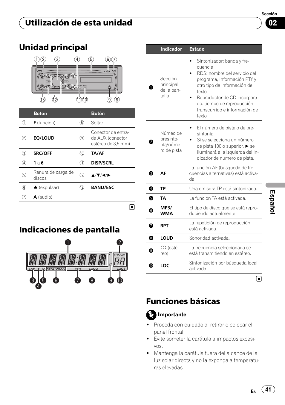 Unidad principal, Indicaciones de pantalla, Funciones básicas | Utilización de esta unidad, Español | Pioneer DEH-1200MP User Manual | Page 41 / 94