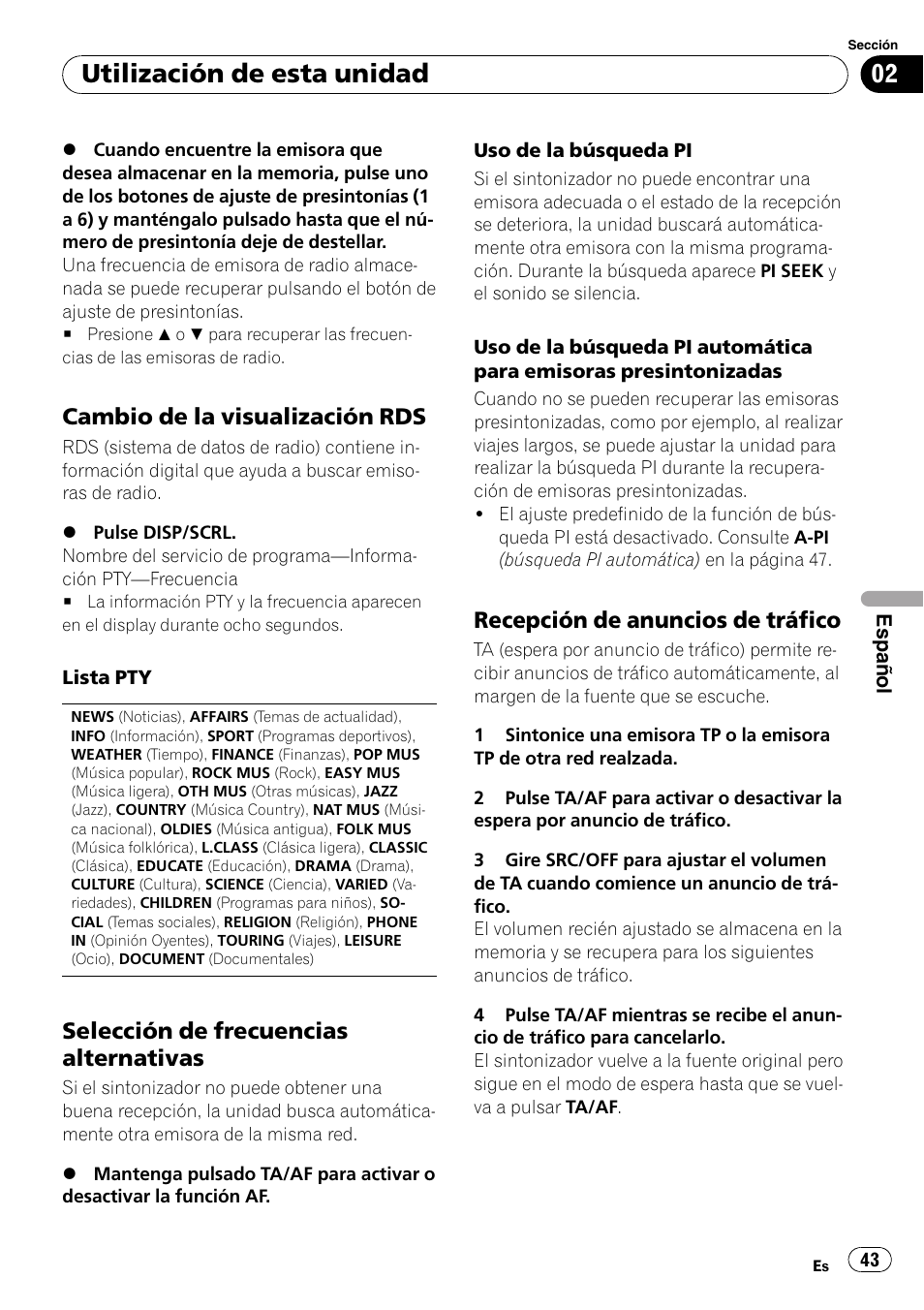 Utilización de esta unidad, Cambio de la visualización rds, Selección de frecuencias alternativas | Recepción de anuncios de tráfico | Pioneer DEH-1200MP User Manual | Page 43 / 94