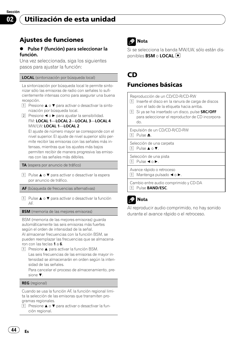 Utilización de esta unidad, Ajustes de funciones, Funciones básicas | Pioneer DEH-1200MP User Manual | Page 44 / 94