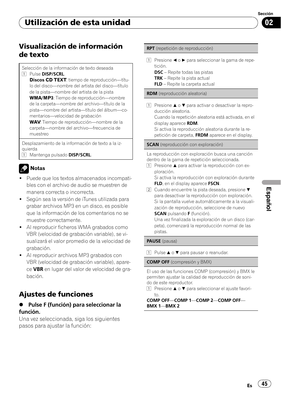 Utilización de esta unidad, Visualización de información de texto, Ajustes de funciones | Español | Pioneer DEH-1200MP User Manual | Page 45 / 94