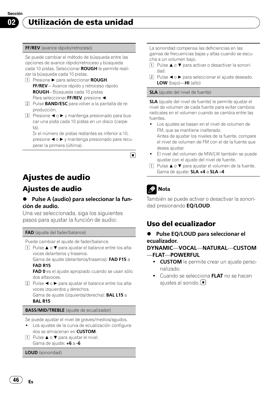 Ajustes de audio, Utilización de esta unidad, Uso del ecualizador | Pioneer DEH-1200MP User Manual | Page 46 / 94