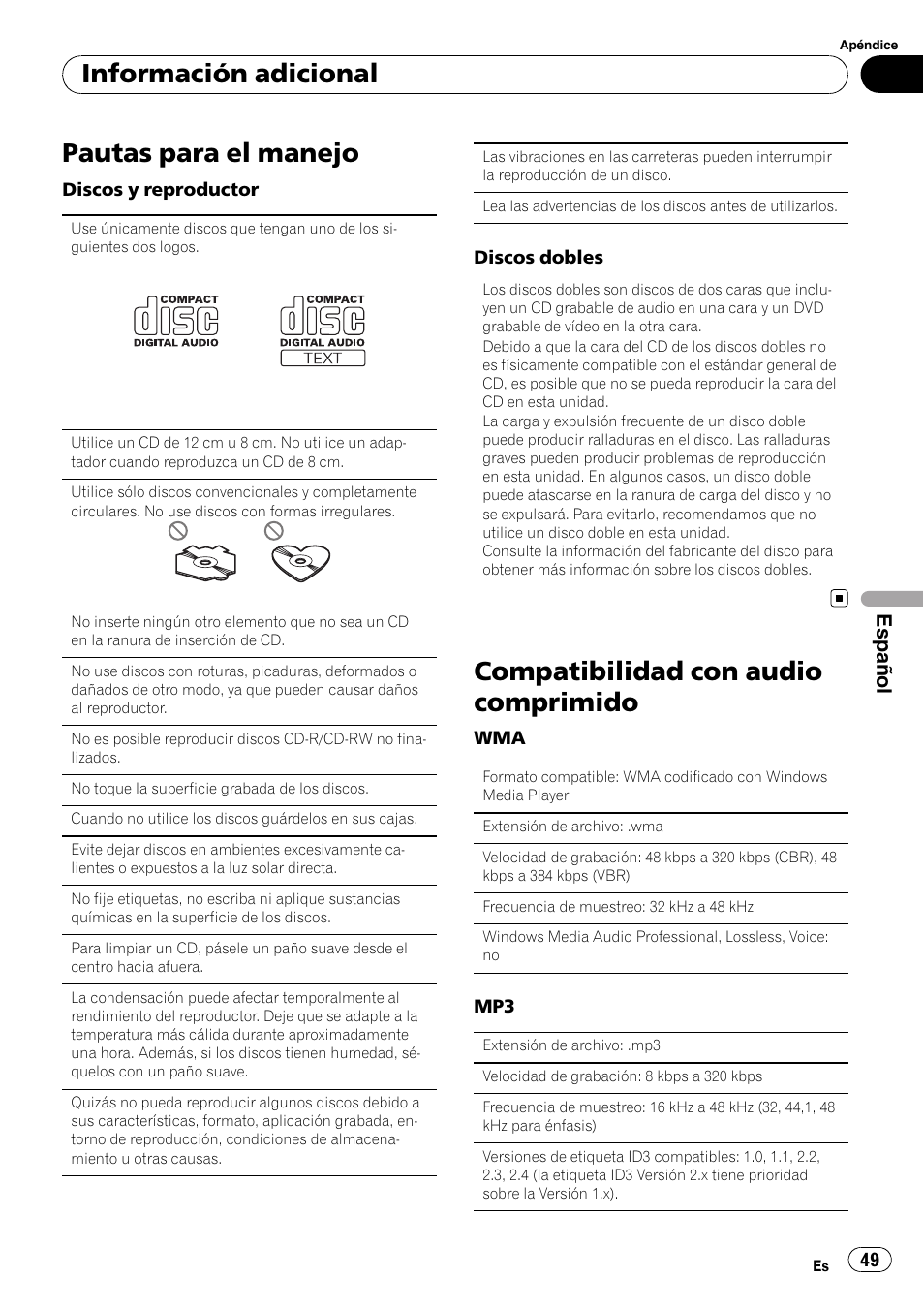 Pautas para el manejo, Compatibilidad con audio comprimido, Información adicional | Español | Pioneer DEH-1200MP User Manual | Page 49 / 94