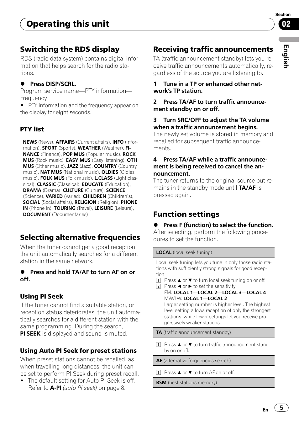 Operating this unit, Switching the rds display, Selecting alternative frequencies | Receiving traffic announcements, Function settings | Pioneer DEH-1200MP User Manual | Page 5 / 94